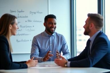 Profesionales en una reunión de negocios, comunicándose efectivamente en inglés.