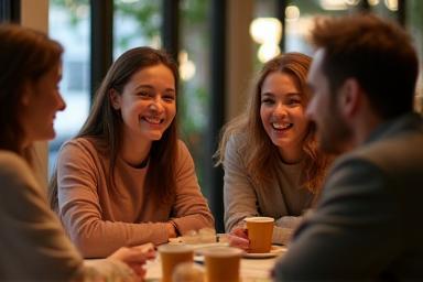 Grupo de amigos conversando animadamente en inglés en un café.