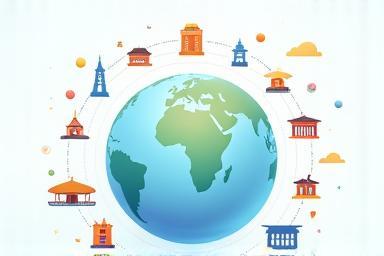 Un globo terráqueo con elementos culturales de diferentes países flotando a su alrededor.