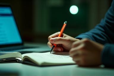 Un estudiante enfocado tomando notas durante una sesión de preparación para exámenes.