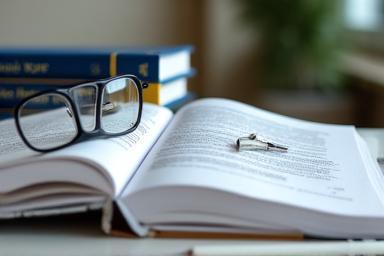 Materiales de estudio TOEFL y IELTS con un lápiz y gafas sobre una mesa.